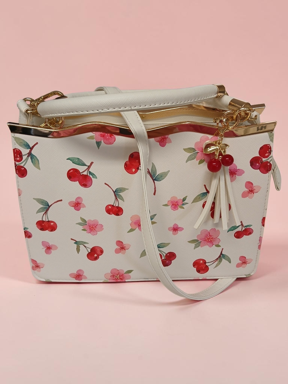 White Cherry Print Tote Bag with Matching Cherry Tassel Charm